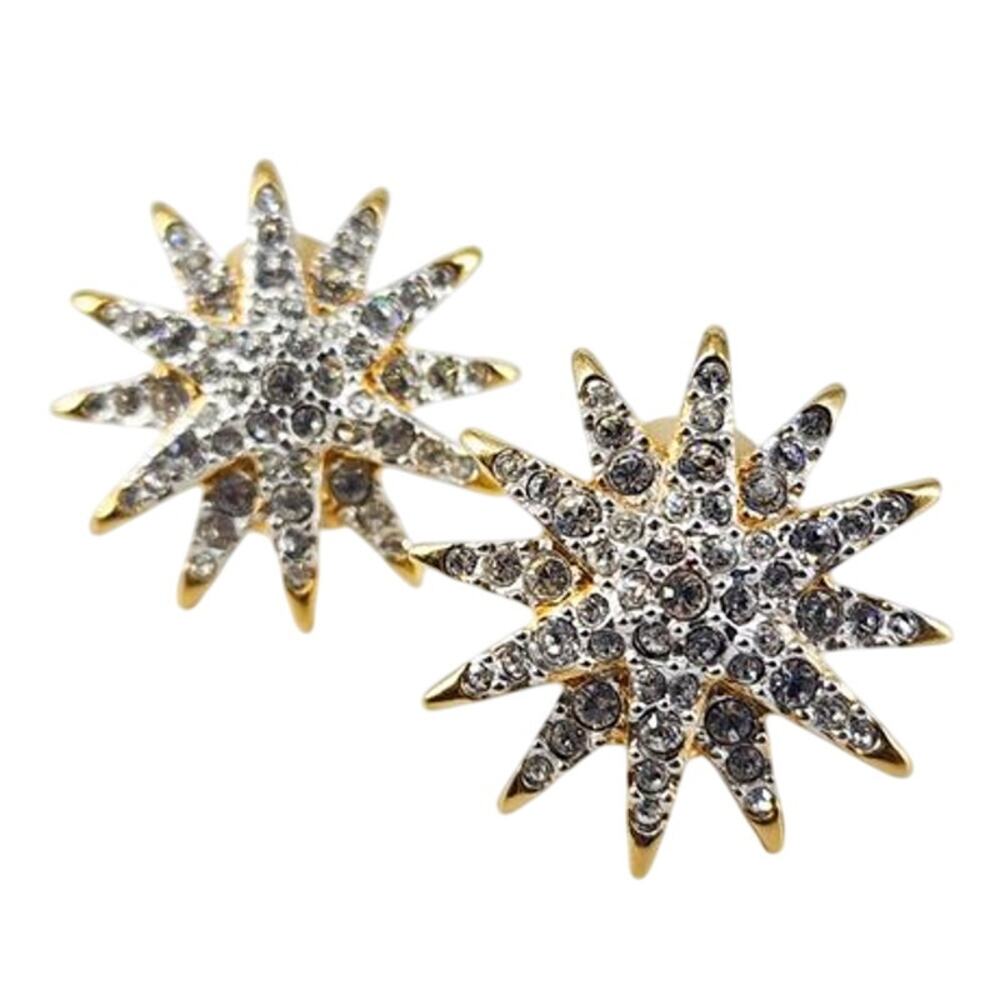 Vtg Swarovski Jewelers Collection Pave Crystal Starburst Clip Earrings Swan Sign